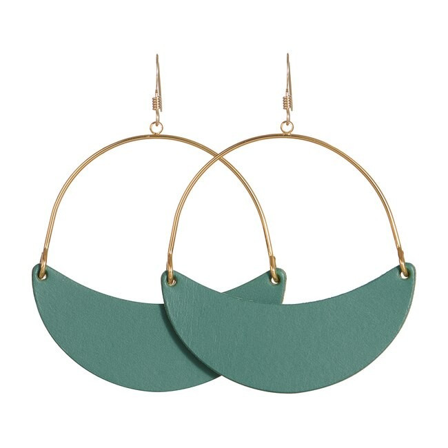 Agave Green Aster Crescent Hoop Leather Earrings | Nickel and Suede