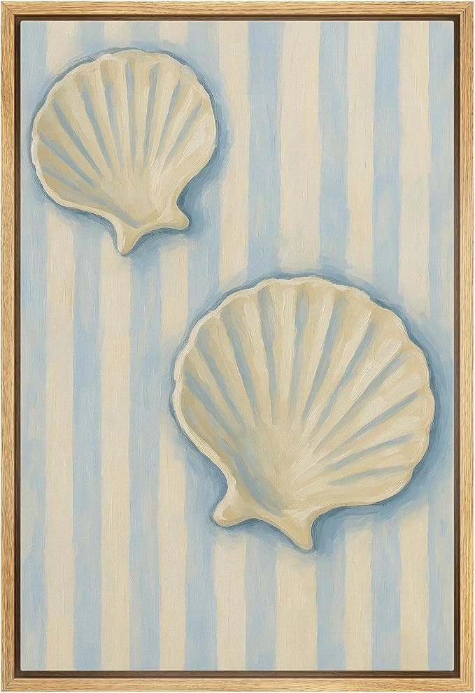 MUDECOR Framed Canvas Print Wall Art Seashells on Blue Stripe Background Nautical Beach Illustrat... | Amazon (US)