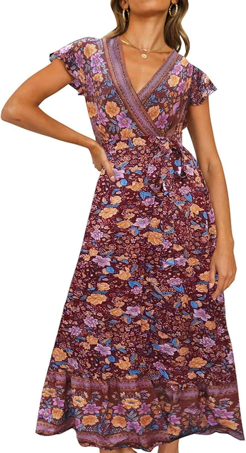 PRETTYGARDEN Women Boho Summer Side Split Deep V Neck Short Sleeves Maxi Dress with Belt | Amazon (US)