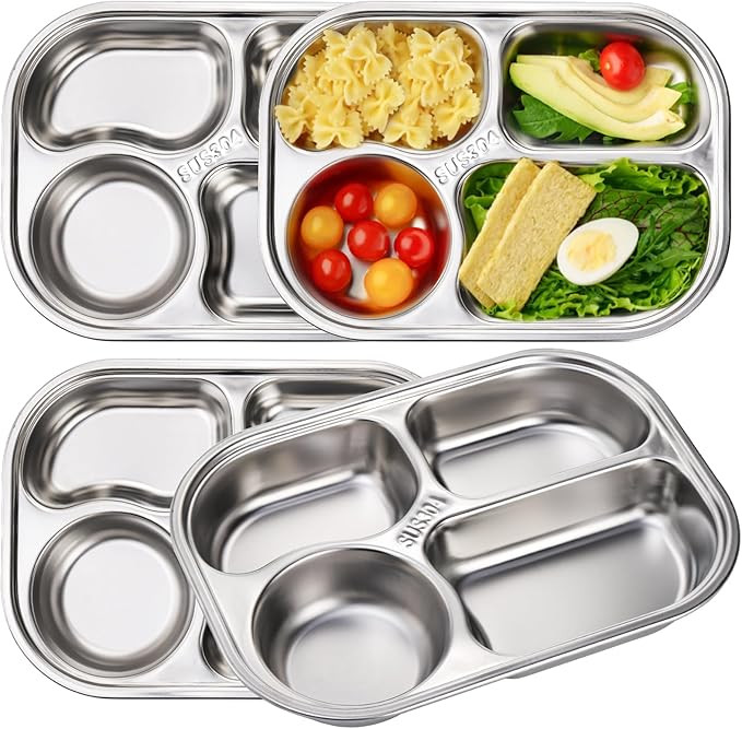 DEAYOU 4 Pack 18/10 Stainless Steel Divided Plate, Small Child Plate with 4-Compartment, Portion ... | Amazon (US)