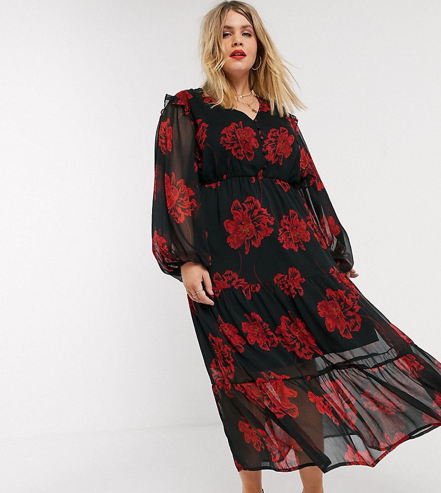 Neon Rose Plus tiered maxi tea dress with balloon sleeves in bold floral-Black | ASOS (Global)