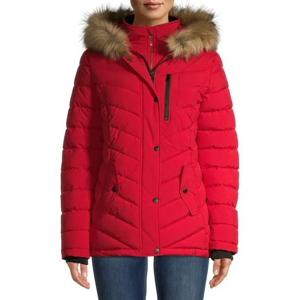 Swiss Tech Women's Bibbed Solarball Puffer Coat with Faux Fur Trimmed Hood | Walmart (US)