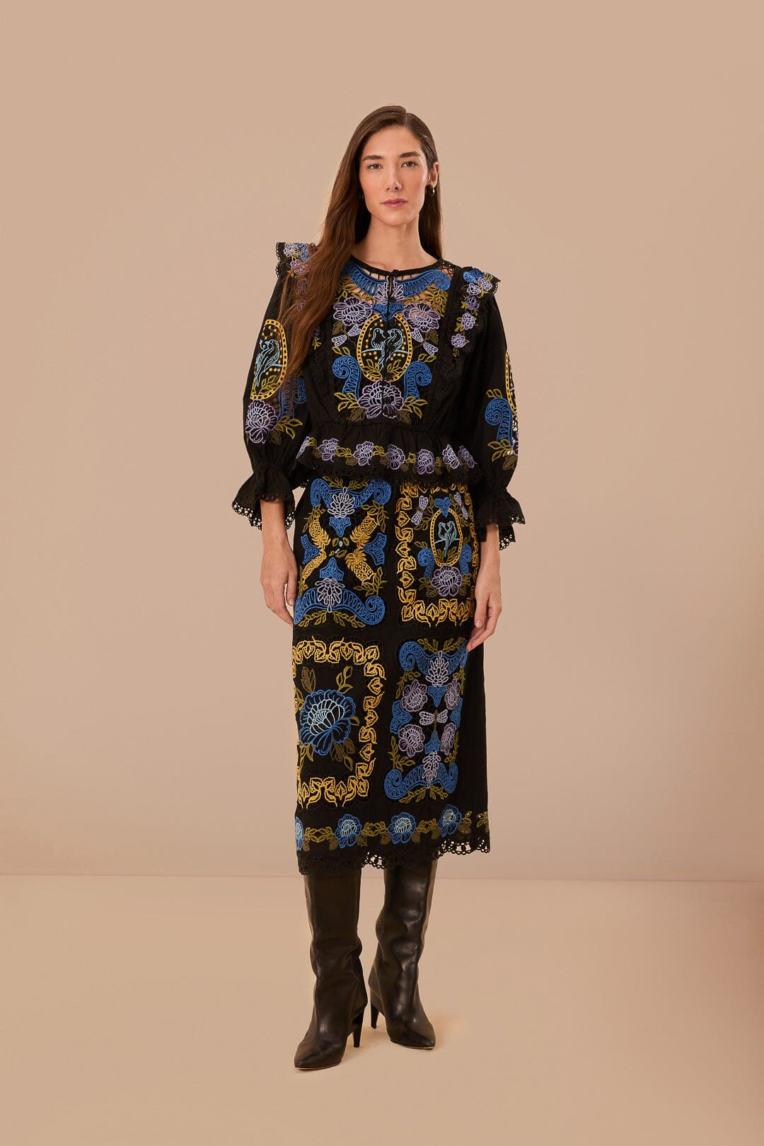 Black Richelieu Midi Skirt | FarmRio (US)