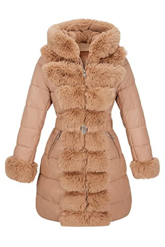 RISISSIDA Puffer Jacket Women Winter Down Faux Fur Lined Puffy Coat with Long Collar Hood, Thicken Quilted Warm Leather Bubble Overcoat Beige 3X-L | Amazon (US)
