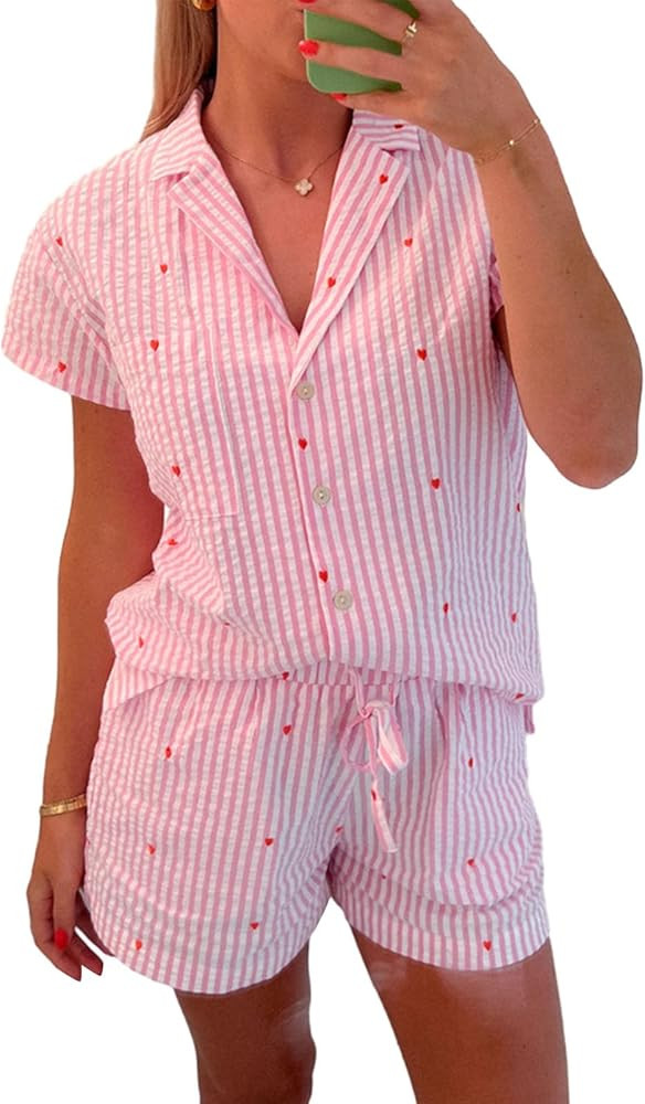 Seyurigaoka Womens Heart Print Pajamas Shorts Set Short Sleeve Sleepwear Loungewear Button-Down 2... | Amazon (US)