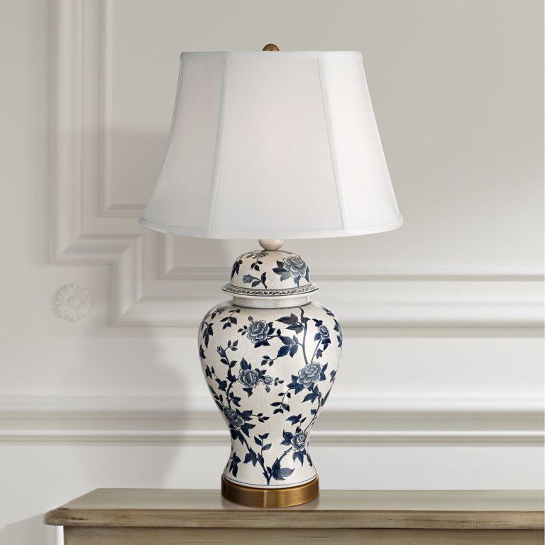 Barnes and Ivy Traditional Table Lamp Crackle Ceramic Blue and White Rose Vine Temple Jar White B... | Walmart (US)