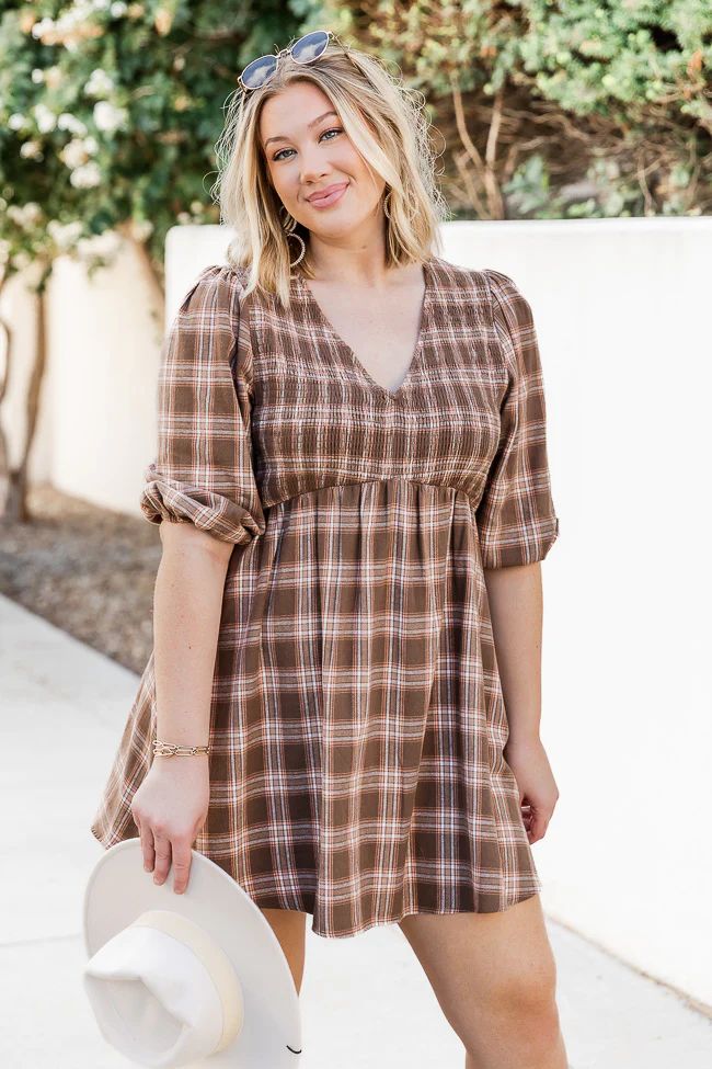 Just A Thought Brown Plaid Smocked Bust Mini Dress | Pink Lily