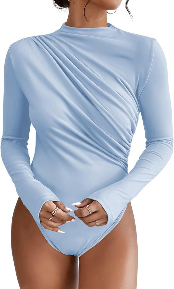 SweatyRocks Women's Bodysuit Mock Neck Casual Ruched Long Sleeve Jumpsuit | Amazon (US)