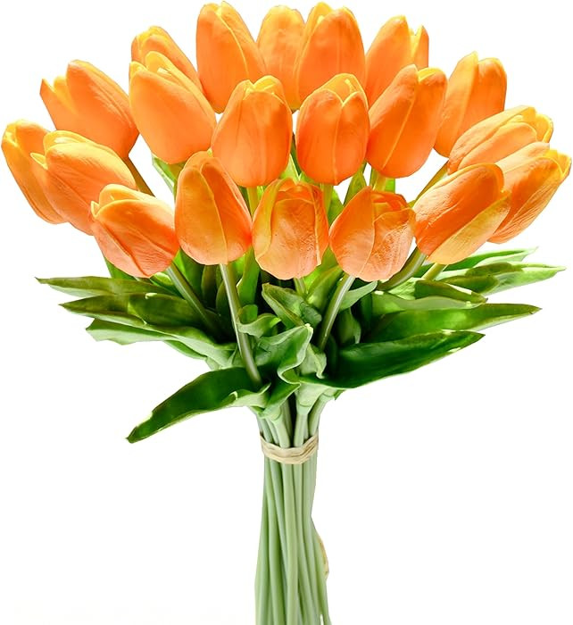 Mandy's Artificial Tulips 20 Stems Orange PU Faux Flowers for Valentine's Day and New Year Decora... | Amazon (US)