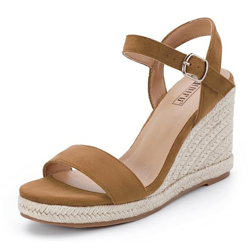 IDIFU Brown Wedge Sandals for Women Espadrille Platform Wedge Sandals High Wedges Heels for Women Dressy Open Toe Slingback Wedge Shoes Causal Summer Bridal Wedding Prom Wedges (Tan Suede, 7.5) | Amazon (US)