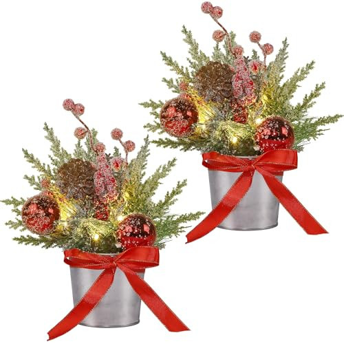 Prsildan 2 Pcs Christmas Table Decorations Artificial Tree with Pine Cone & Red Berries, Flocked Snow Mini Tree with LED Lights, Tabletop Centerpiece for Home Kitchen Office Mantel Holiday Decor | Amazon (US)