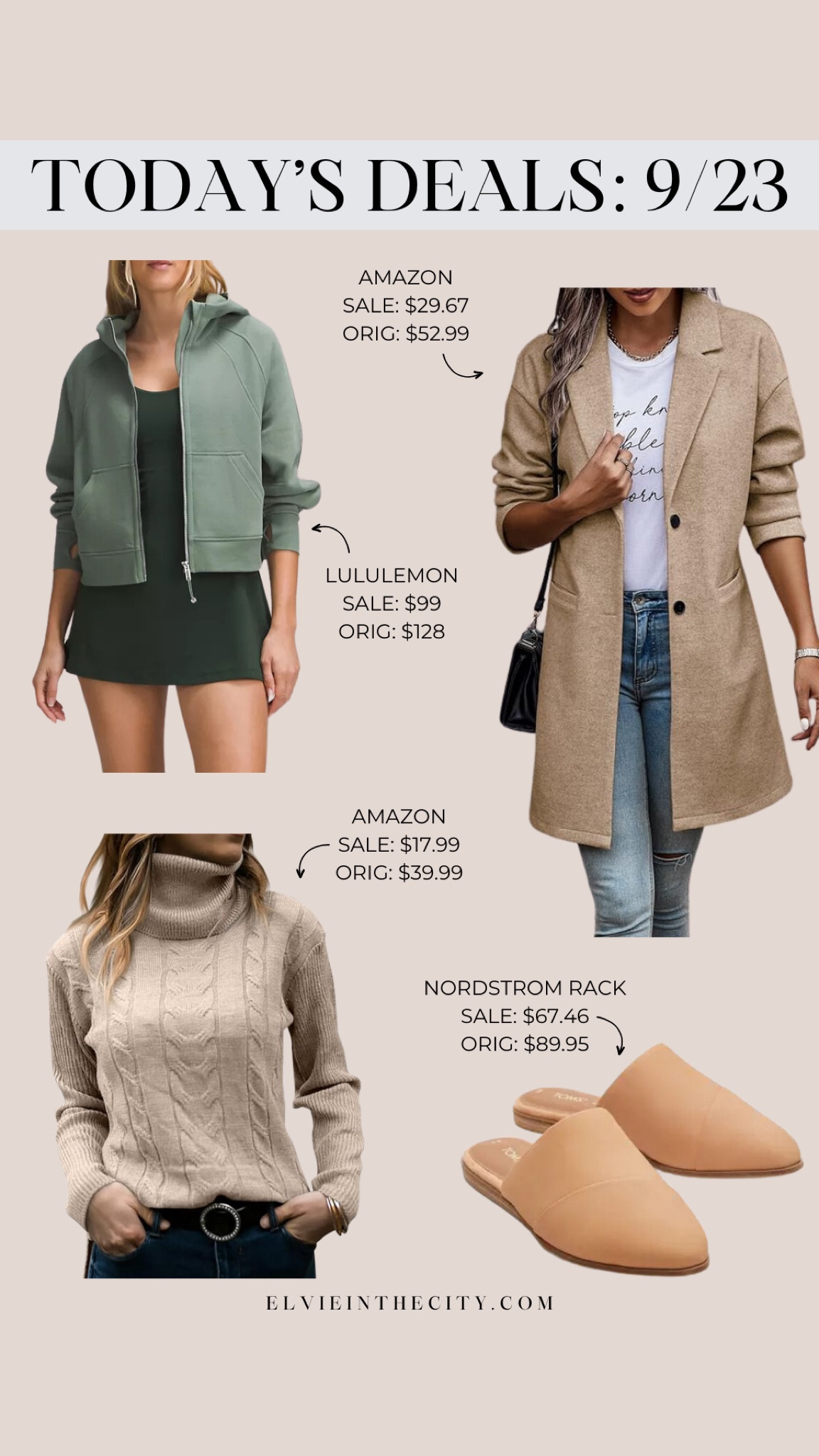 Today’s deals include a zip up hoodie from Lululemon, a wool blend coat from Amazon (be sure to clip the coupon for the full savings), a turtleneck sweater from Amazon (click the coupon for this one as well), and tan mules from Nordstrom Rack.

Deal of the day, fall outfit, fall jacket, fall coat, athleisure, loungewear, fashion over 40

#LTKFindsUnder50 #LTKStyleTip #LTKSaleAlert