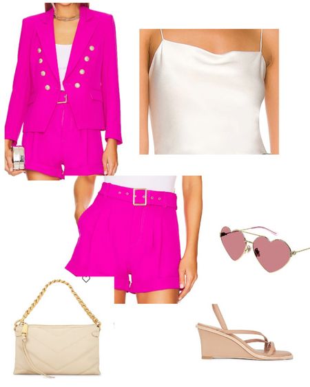 Hottest color this season is bright Pink soften this look with a satin cami. And by adding a neutral shoe, which adds length to your legs!!! Most flattering shoes or skin tone or gold or silver I also love a muted gold or platinum! Beautiful, delicate wedge, is so flattering🌸love these Heart shaped Sunglasses for Mothers Day!! #Mother’sDay

#LTKSeasonal #LTKstyletip