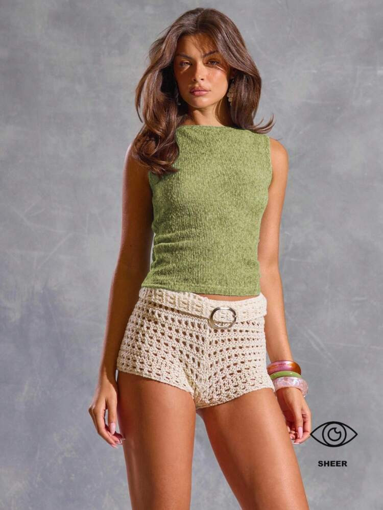 SHEIN X Eduarda Gutierrez MUSERA Slash Boat Neck Knit Sleeveless Top , Ibiza, Y2k, Cool Girl, Festival, Rave, Vacation, Club, Cute Going Out Tops Winter Elegant Spring Summer Carnival | SHEIN