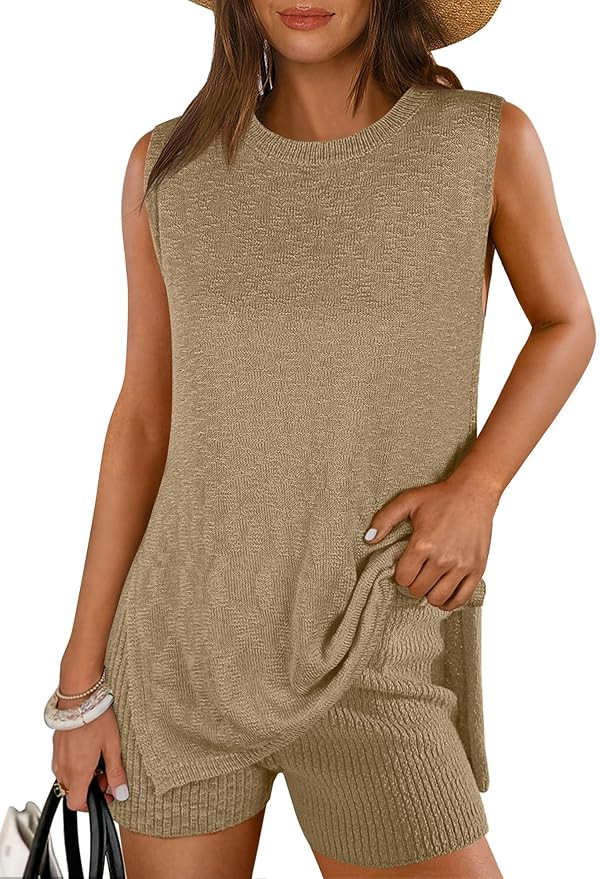 ANRABESS Women Summer 2 Piece Outfits Sleeveless Knit Sweater Top & Shorts Soft Lounge Sets Trave... | Amazon (US)