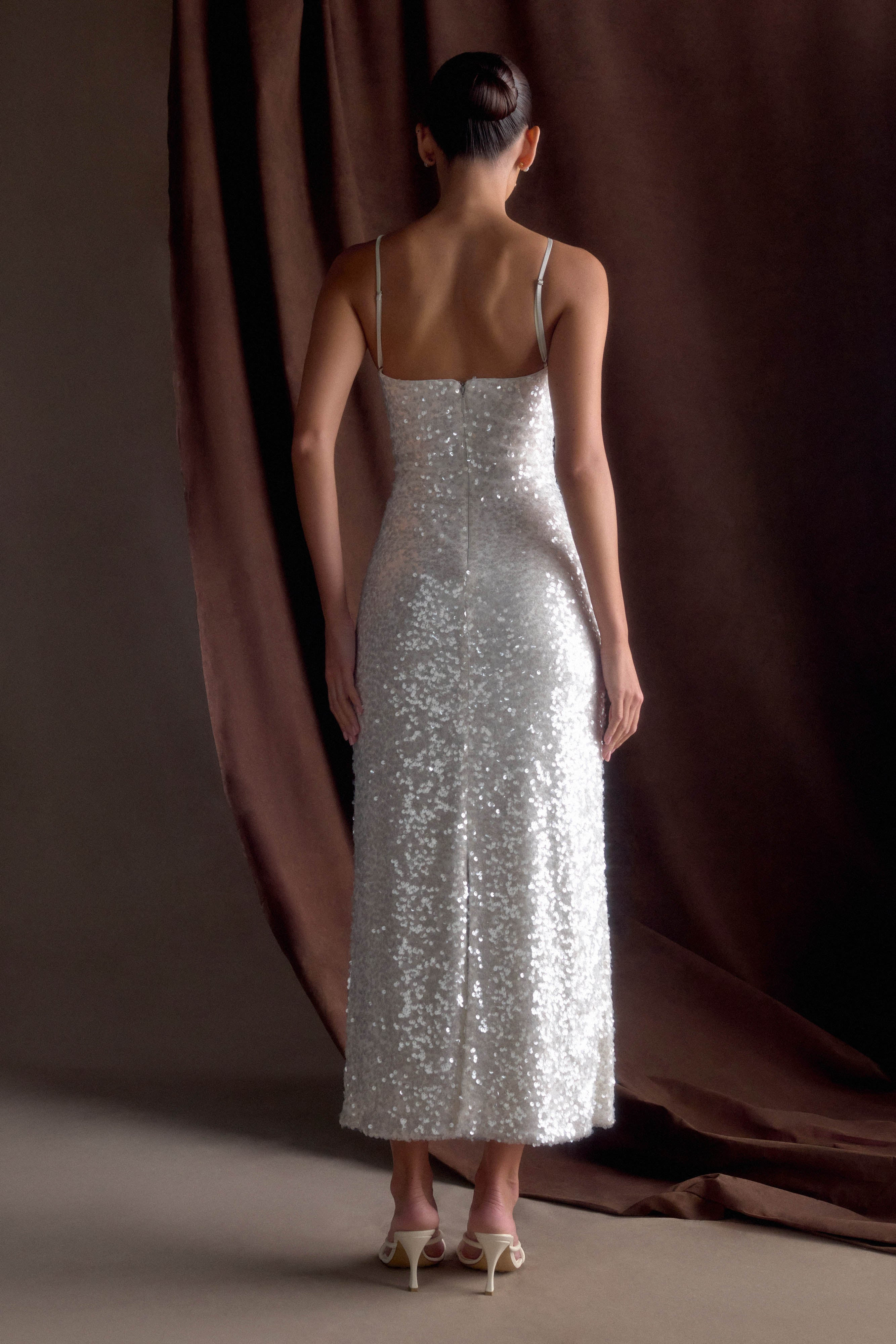 Makari Sequin Maxi Dress - White | MESHKI US