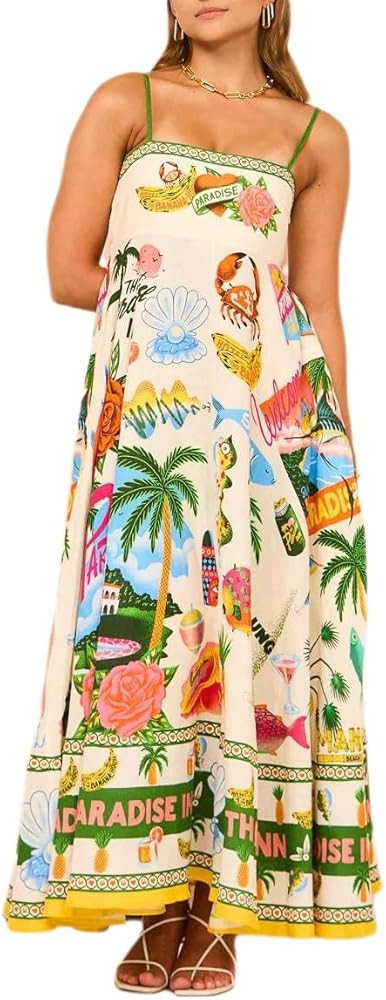 dsumvns Women Boho Graffiti Cami Long Dress Graphic Spaghetti Strap Maxi Dresses, Amazon Fashion | Amazon (US)