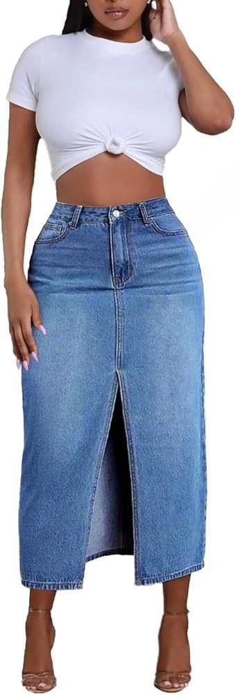 Jean Skirt for Women Denim Skirt High Waist Stretch Midi Denim Skirts with Pockets | Amazon (US)