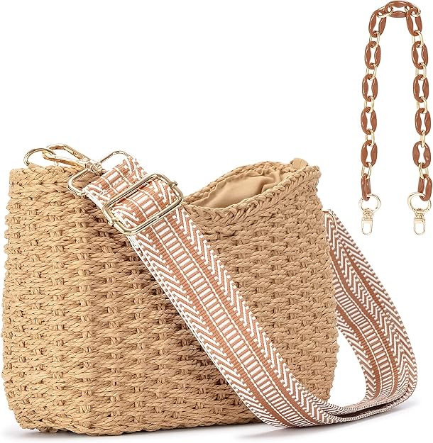 Herald Small Straw Woven Crossbody Bag Shoulder Purse for Women | Zipper Closure, 2 Removable & A... | Amazon (US)