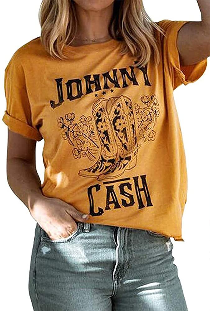 Cash T-Shirt Women Long Boots Graphic Short Sleeve Tees Loose Top Country Music Party Shirt Blous... | Amazon (US)