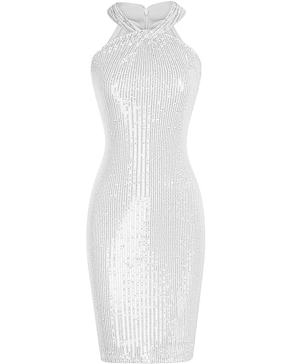 GRACE KARIN Women Sleeveless Sequin Dress Sparkly Glitter Halter Dress Bodycon Mini Club Dresses | Amazon (US)