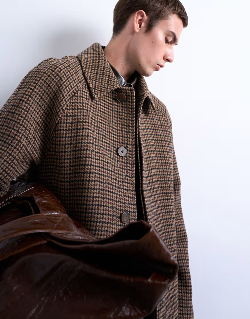 Topman oversized brushed check wool overcoat in brown | ASOS (Global)