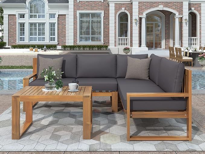 3-Piece Outdoor Patio Furniture Set, Acacia Wood Sectional Sofa w/Seat Cushions, Patio Sectional ... | Amazon (US)