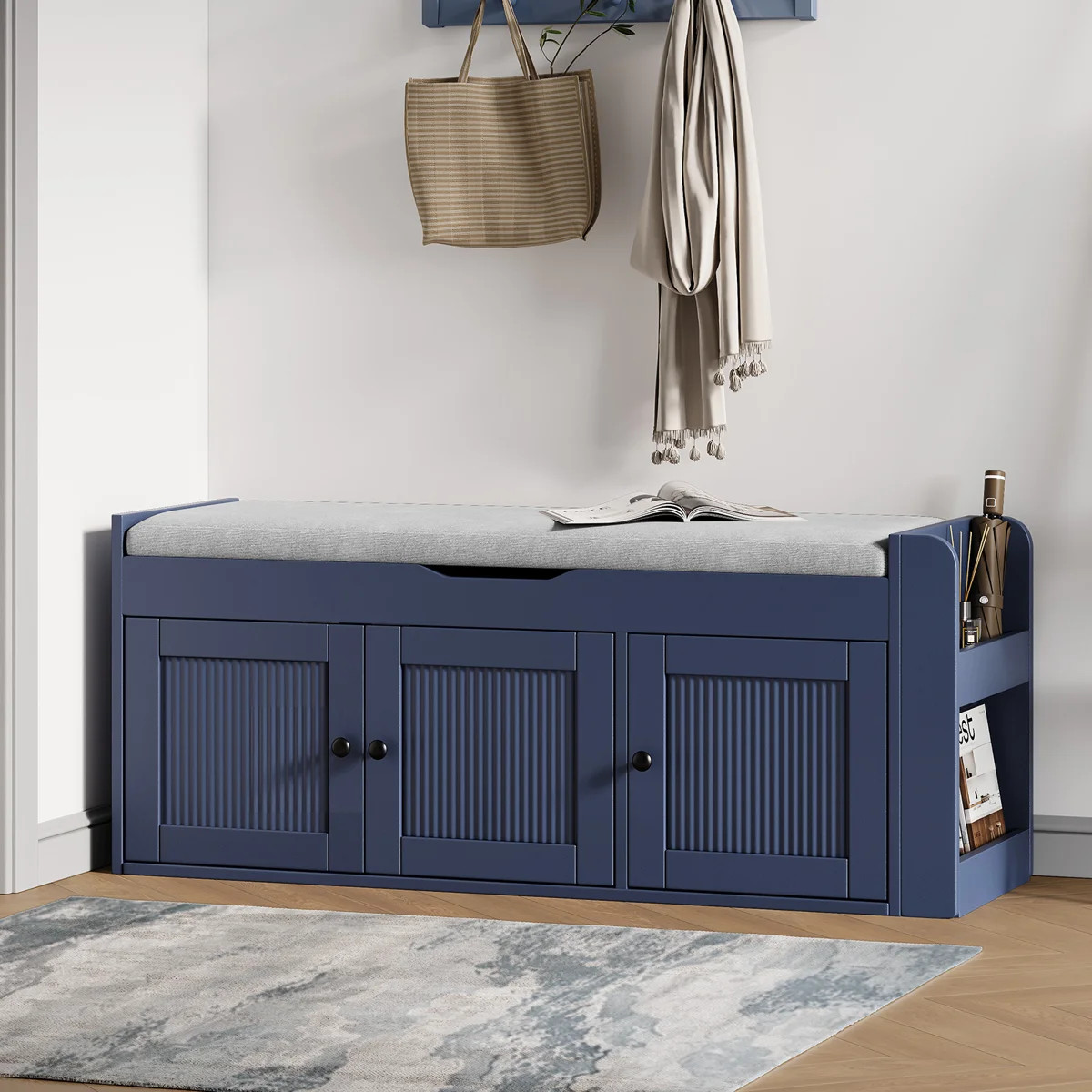 42.6" Modern Farmhouse Storage Bench With Cushion, Upholstered Shoe Bench With Shelf For Entryway... | Wayfair North America