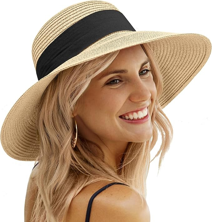 Sun Beach Hats for Women,Wide Brim Straw Hats Womens with Chin Strap, Foldable Woven Sun Hat UV P... | Amazon (US)