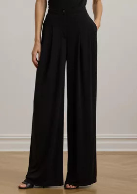 Lauren Ralph Lauren Women's Pleated Stretch Jersey Wide Leg Pants, Black, 6 | Belk