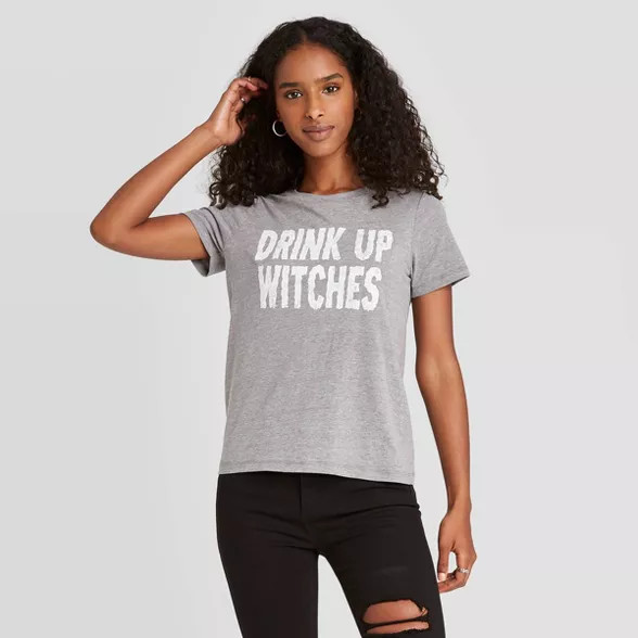 Women's Drink Up Witches Halloween Short Sleeve Graphic T-Shirt - Gray | Target