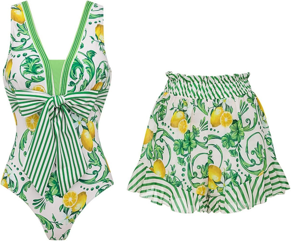 FLAXMAKER Women's One Piece Lemon Pattern V Neck Lace up Bow Tie Swimsuit and Ruffled Layered Ski... | Amazon (US)