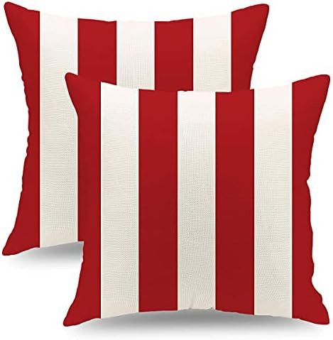 QIQIANY Set of 2 Striped Throw Pillow Covers 18x18 Inch Square Linen Red and White Striped Decora... | Amazon (US)