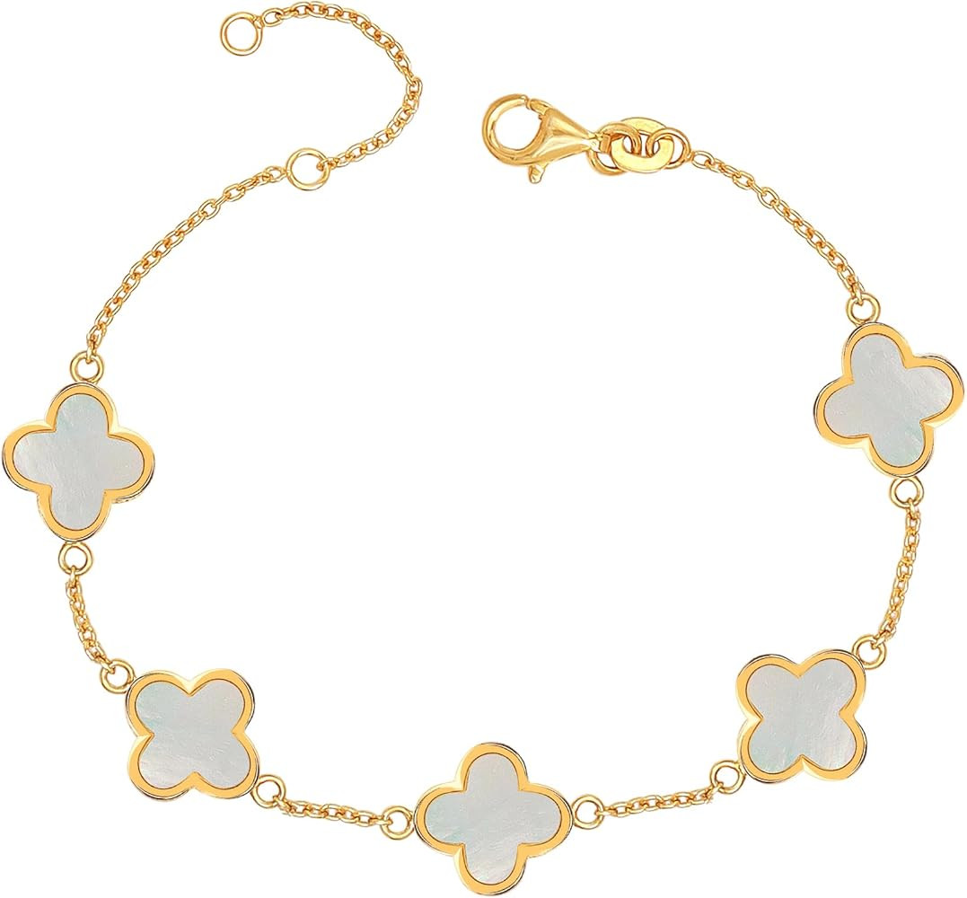 LeCalla 925 Sterling Silver Clover Bracelet 14K Gold Plated Mother of Pearl Leaf Flower Clover Br... | Amazon (CA)