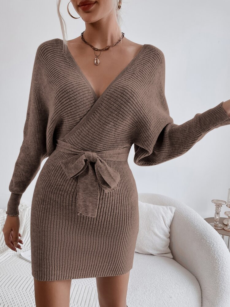 Wrap Batwing Sleeve Belted Cut Out Backless Sweater Dress | SHEIN