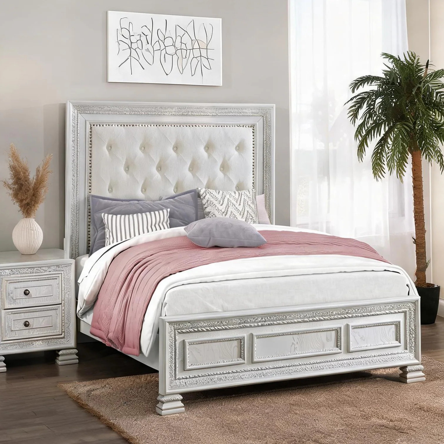 SunJet King Upholstered Bed with Button-Tufted Headboard Classic White Wood Pearl White Fabric Polyester one_size | CMJQD5T5WHBS | Lowe's