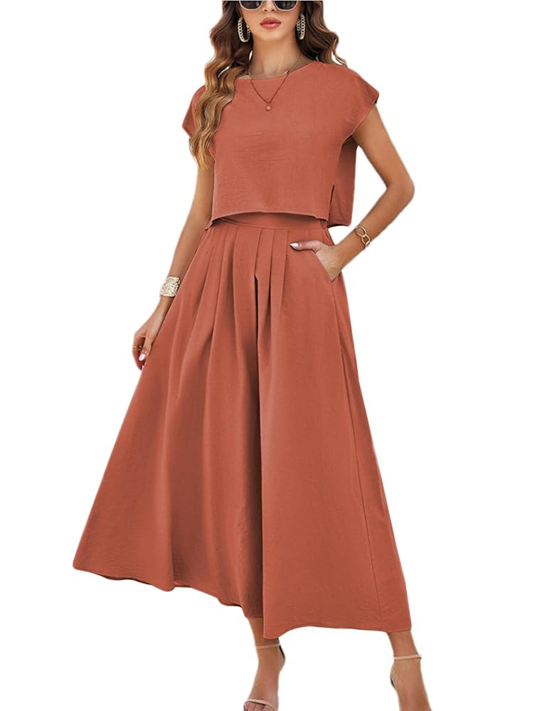 HangNiFang Summer Skirt Sets Women 2 Piece Outfits Cap Sleeve Top Elastic Waist Lightweight Maxi ... | Amazon (US)