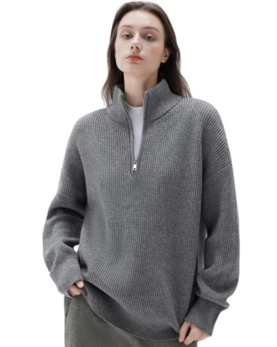 SUUKSESS Women Oversized Cashmere Blend Quarter Zip Pullover Sweater Long Sleeve Collared Ribbed Knit Jumper Tops (Deep Grey, XS) | Amazon (US)