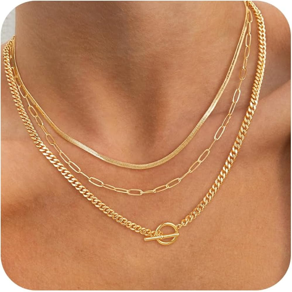 CHESKY Layered Necklaces for Women, 14K Gold Plated Chain Necklace Women Trendy Cuban Link Paperc... | Amazon (US)