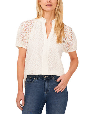 CeCe Women's Floral Lace Puff Sleeve Split Neck Top - Macy's | Macy's