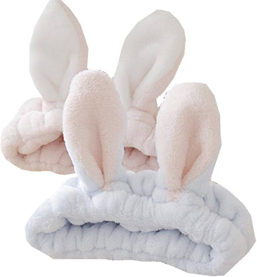 bouti1583 Women Fashion Soft Flannel Bunny Ear Makeup Cosmetic Shower Elastic Headband 2Pcs | Amazon (US)