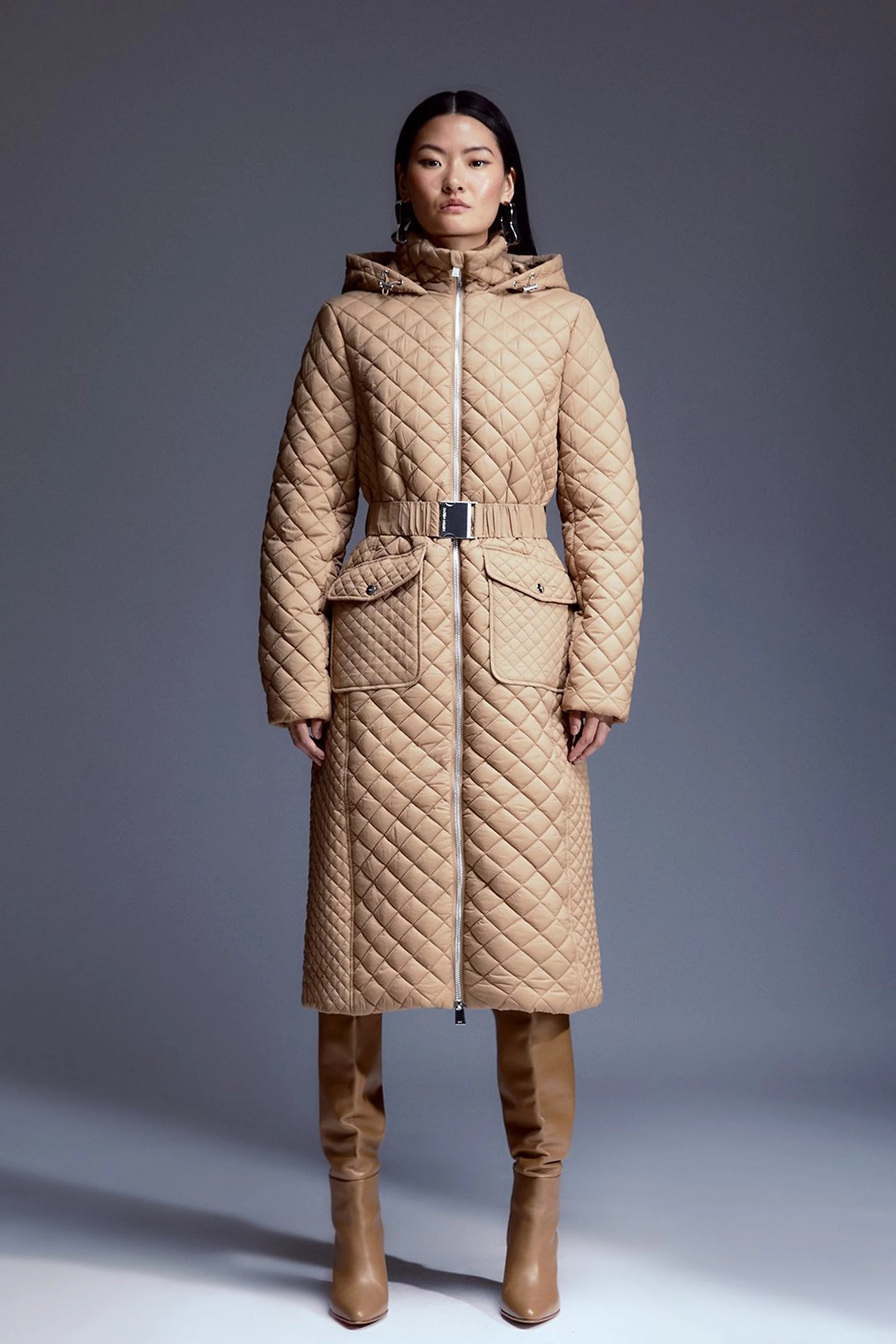 Lightweight Diamond Quilt Belted Hooded Longline Coat | Karen Millen US