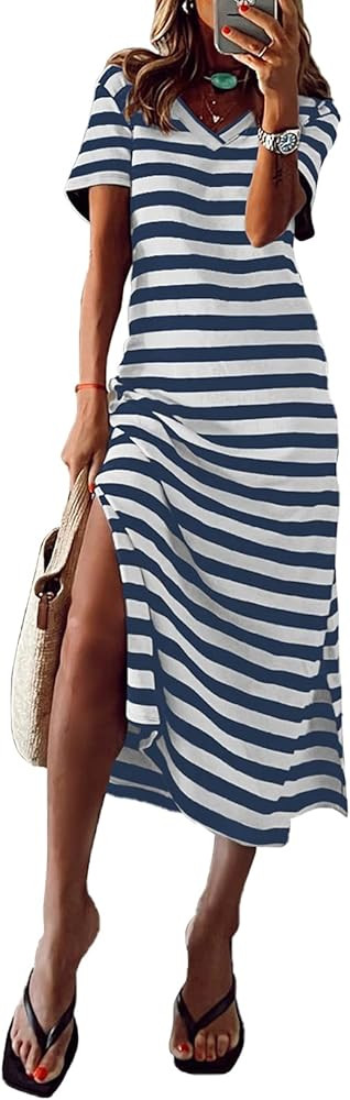 MARZXIN Women 2023 Casual Maxi Dress Short Sleeve V Neck Stripe Sundress Split Loose Long Summer ... | Amazon (US)
