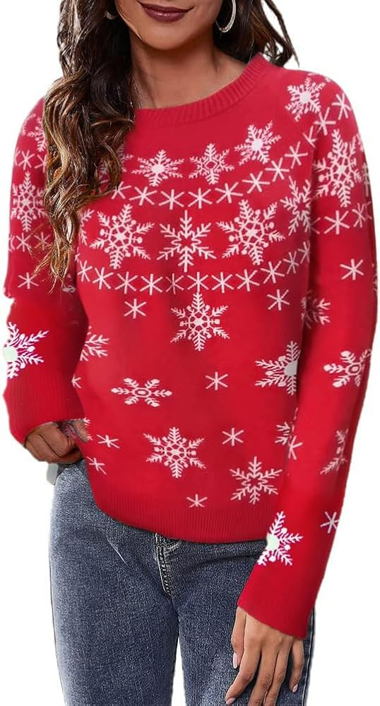 Women's Fall Winter Crew Neck Knitted Sweater Vintage Animal Floral Ethnic Geometry Snowflake Cro... | Amazon (US)