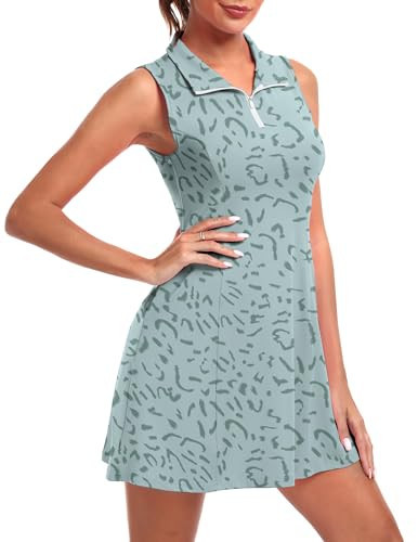 FKEEP Women's Golf Tennis Dress Athletic Workout Dress with Shorts and Pockets (Green Leopard, L) | Amazon (US)