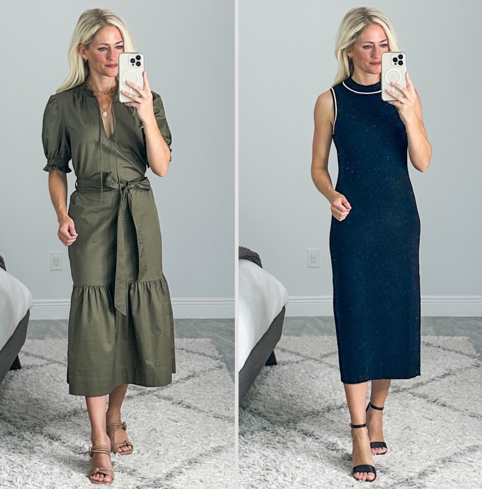 New Walmart dresses for Fall! Olive green dress has pockets. If you don’t like the neck tie strings you can easily cut them off. Black dress with white piping detail is lightweight sweater material and stretchy. Wearing XS. 

#LTKFind #LTKunder50 #LTKstyletip