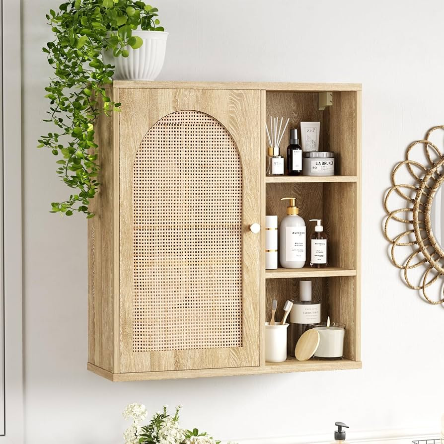 Rattan Bathroom Wall Cabinet with Door, Boho Medicine Wall Cabinets with Adjustable Shelves, Tall... | Amazon (US)