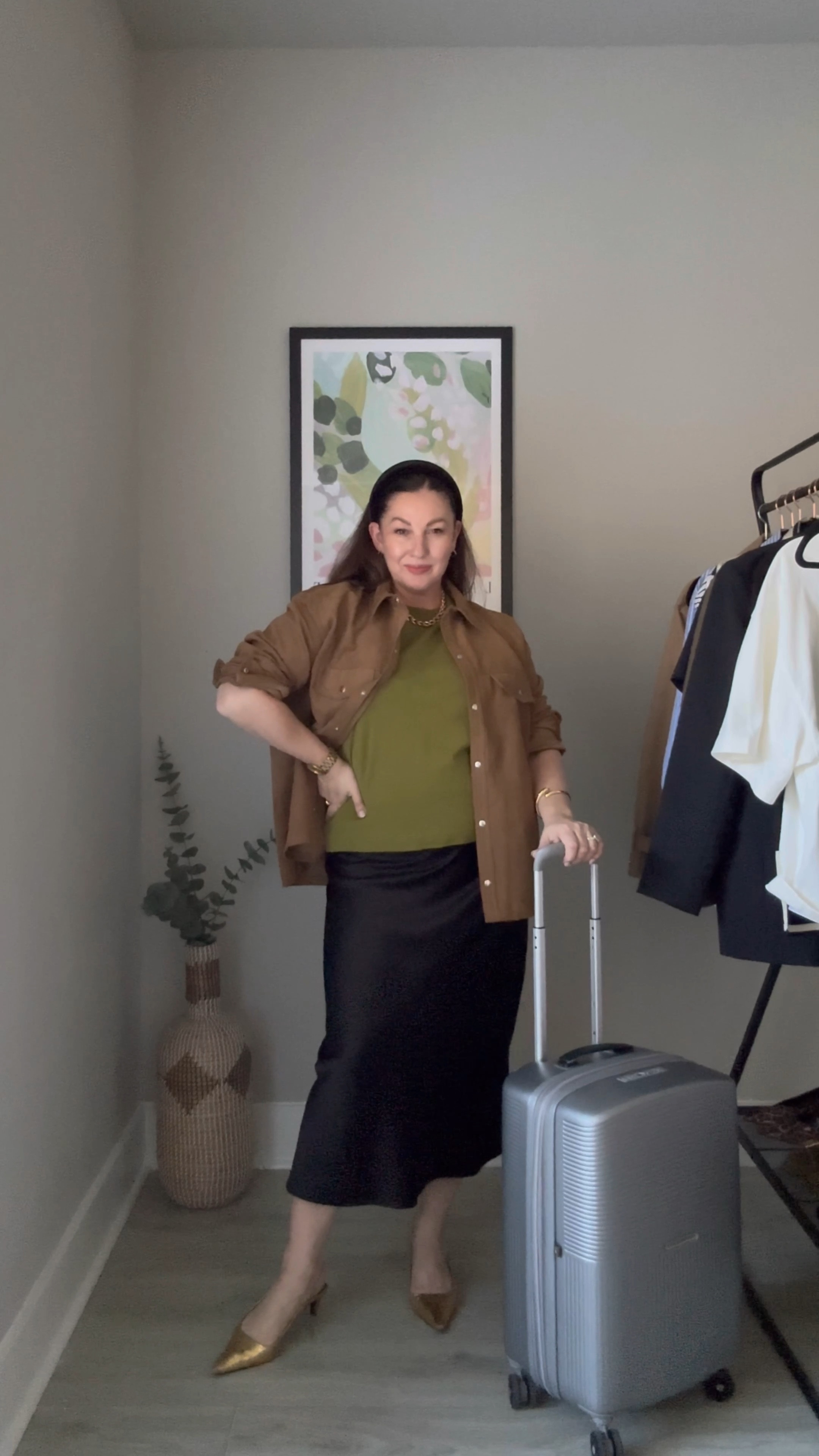 Travel style: from plane to drinks ✈️ 🍹 
Satin skirt. Black skirt. Suede shirt. Green tee. Cos tee. 

#LTKTravel #LTKStyleTip #LTKOver40