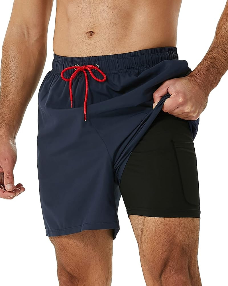 SILKWORLD Mens Swimming Trunks with Compression Liner 2 in 1 Quick-Dry Swim Shorts with Zipper Po... | Amazon (US)