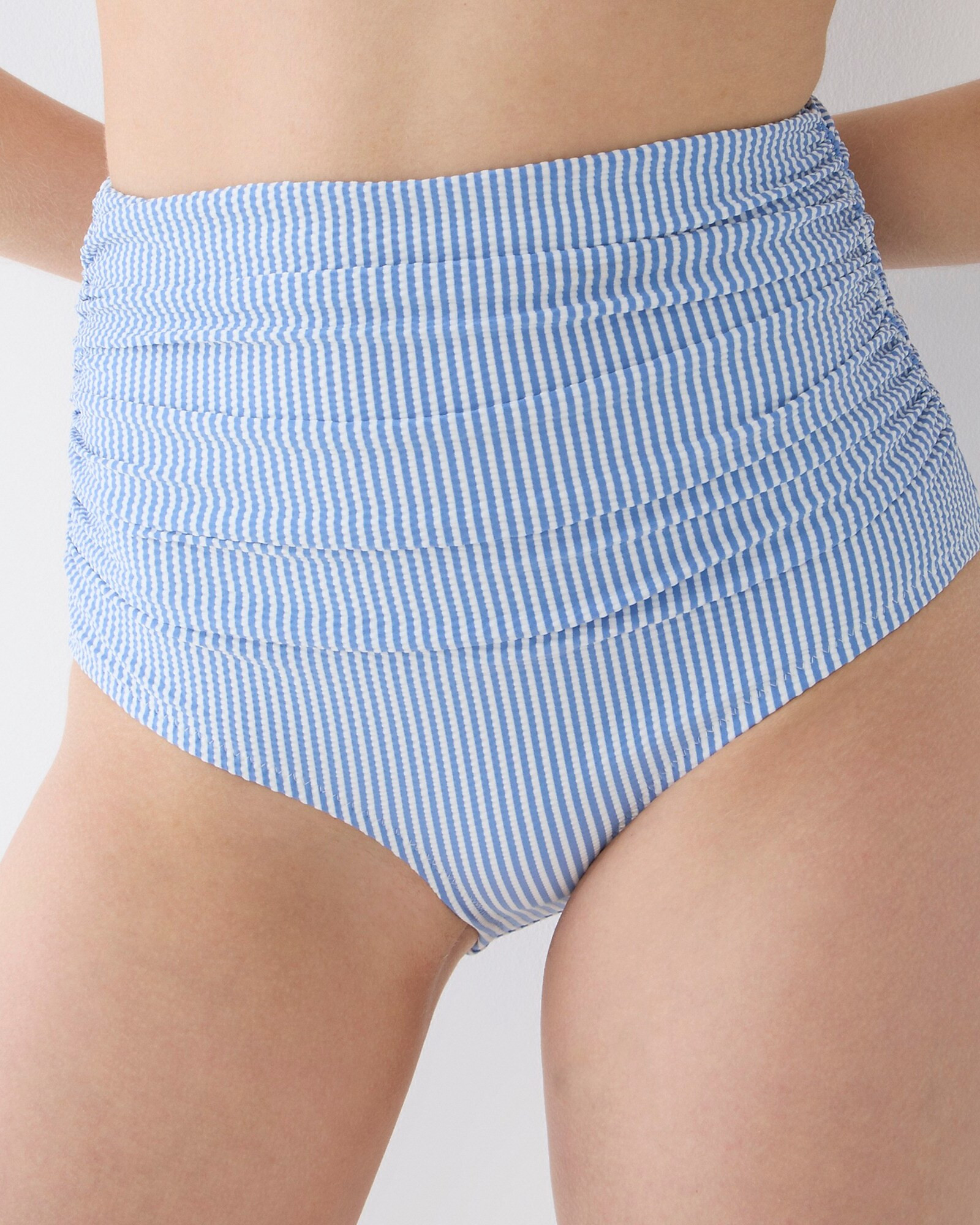 Ruched high-rise full-coverage bikini bottom in seersucker stripe | J. Crew US